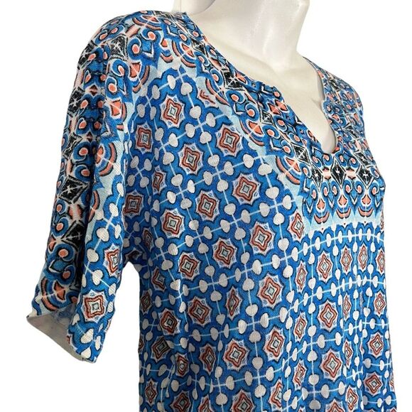 CHICO'S Blue Orange Knit V-Neck Short Sleeve Ramie & Rayon Blend Thin Sweater 1 - Picture 10 of 16